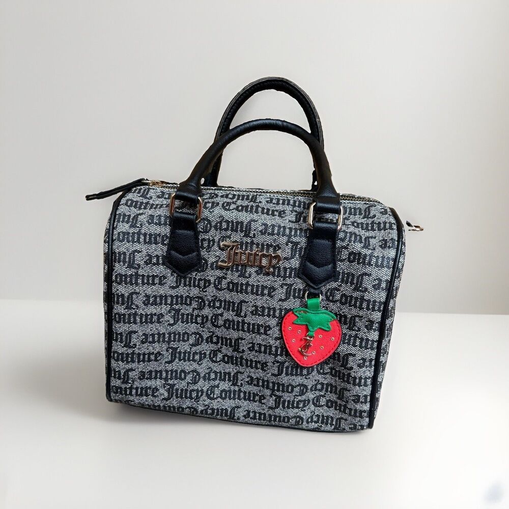Juicy Couture Mini Barrel Satchel Bag Black Gray Logo Print Strawberry Charm Y2K